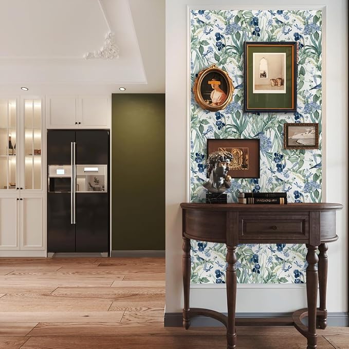 Floral Wallpaper Peel and Stick Flower Bird Blue Vinyl 17in x 118in | Flower Contact Paper Vintage Floral Wallpaper Boho Self Adhesive Waterproof Wall Paper Botanical Removable Decorative Vinyl - Image 8
