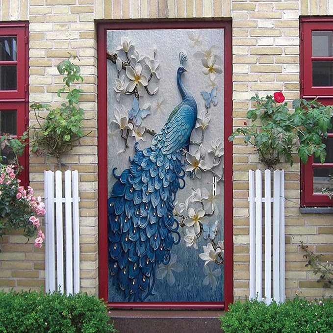 ChezMax Door Stickers Decals 3D Door Murals Peel and Stick, Removable Decorative Vinyl Wallpaper Waterproof Self Adhesive Wall Covers Poster for Home Office Decoration Vivid Palace 30.3" W x 78.7" H | 30.3"W x 78.7"H, 3D Blue Peacock Wallpaper，Waterpro... by ChezMax