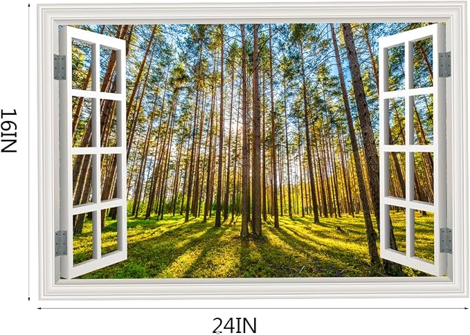 Fake Window Wall Decal- Morning Sunlight in The Forest Open Wall Sticker | Faux Window Natural Scenery Landscape Mural｜ Stick and Peel Decals｜for Home Room Bedroom Office Scene Picture Decor｜24"x16" - Image 2