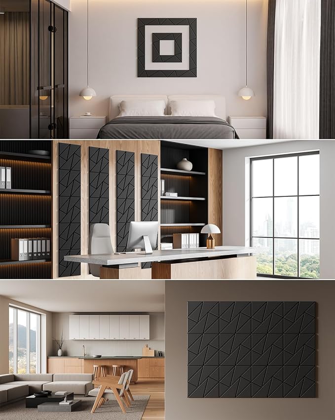 18 Pack Geometric Design Sound Proof Foam Panels for Walls 12"x12"x0.4" Fabric | Cuttable self-adhesive acoustic panels for home office studio noise reduction with flexible DIY layout, decorative Black - Image 8