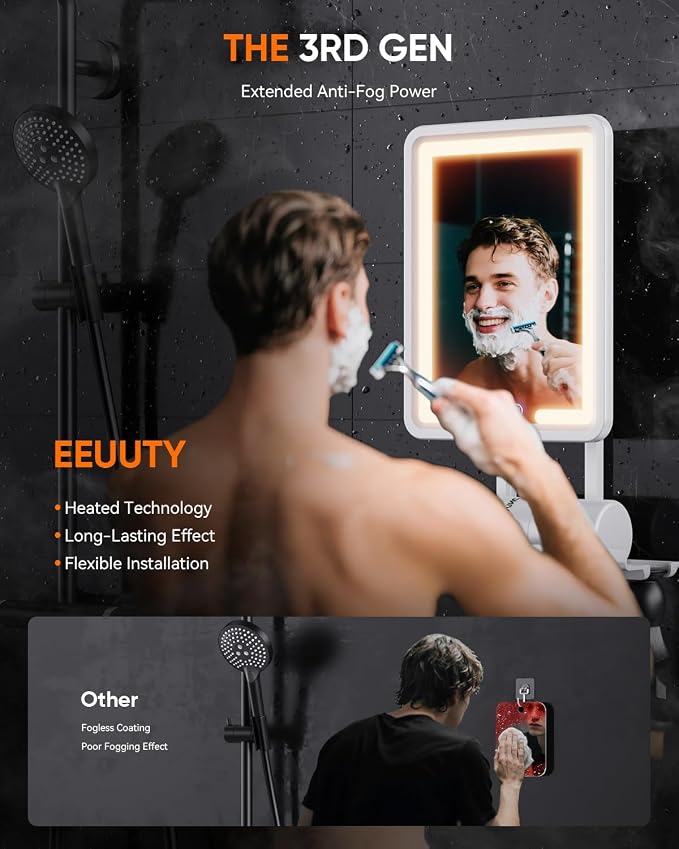 Heated Shower Mirror Fogless for Shaving (Gen 3) - 3 Colors Stepless Dimmable Lights, Anti-Fog Shaving Mirror with Razor Holder, No-Drilling, Removable - White - Image 2