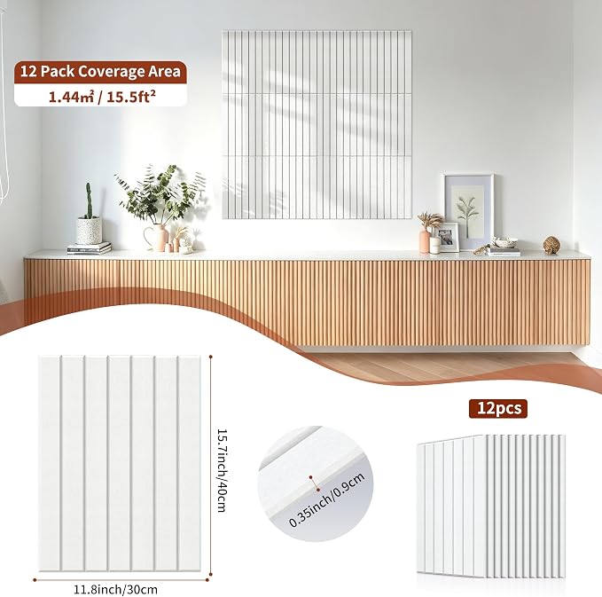 TO-TH Sound Absorbing Panels Self-Adhesive Acoustic Wall Panel 12Pack,White | Peel and Stick, Sound Deadening Panels for Acoustic Treatment, 100%Polyester Fiber, 11.8"×15.7"×0.35", for Studio,Office,Home - Image 6