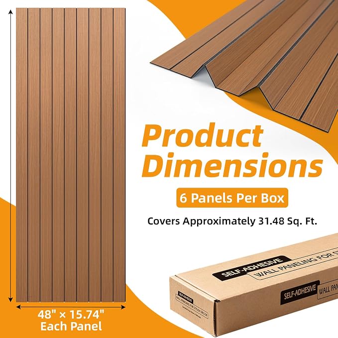 WOWSTAR 6-Pack Peel and Stick PVC Wood Slat Wall Panel，Thickened Wood Grain Wallpaper, 3D Wall Panels, 48" x15.74", Walnut - Image 5