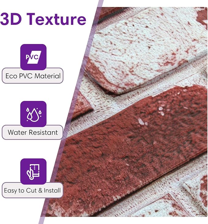 3D Peel and Stick Faux Brick Wall Panels 15.7" x 11.8" 10-Pack | Whitewashed Red, Brick-Look Textured Sticker, Thin Lightweight PVC Self Adhesive Tiles for Interior Decor, Cover 12.9 sq ft - Image 3