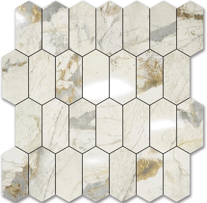 Vamos Tile Long Hexagon Peel and Stick Backsplash Tile - 10 Sheets Stick on Backsplash for Kitchen and Bathroom 12.4 x 12 Inch Glossy Pandora Marble with Gold Veining PVC Self Adhesive Wall Tiles by VamosTile