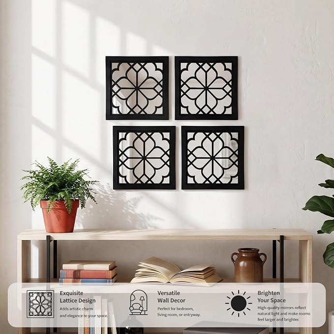 ZEXUIRU 4 Set Rustic Wall Mirrors for Bedroom Bathroom Living Room Entryway Wood Farmhouse Square Easy to Hang Framed Decorative Accent Hanging Wall-Mounted Mirror Set for Living Room - Black - Image 7