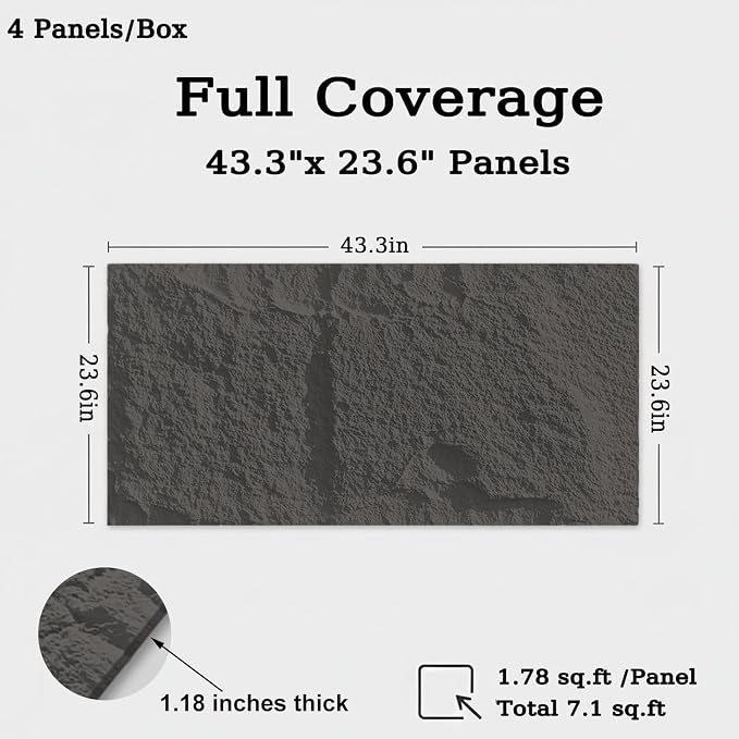 3D Faux Stone Wall Panels, 1.18" wall Panels for Interior wall Decor, 4 PCS PU Wainscoting Panel， Cement Texture， Thicker Accent， for Living Room, Office, 47.2" x 23.6", (Dark Brown) - Image 2