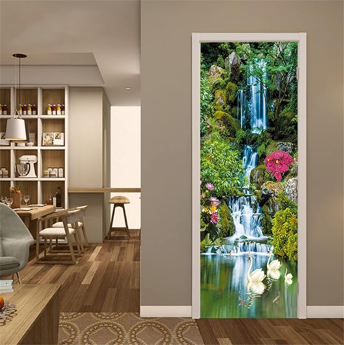 artfanke 3D Peel and Stick Door Sticker 33.5"x84.6"- Self-Adhesive Door Wallpaper Murals Decal-Waterfall Swan Wall Poster for Home Decor (2 Sheets/Set) - Image 3