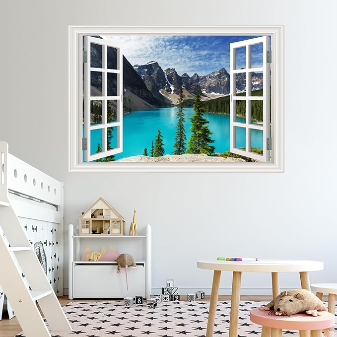 Fake Window Wall Decal-Mountains Lake View Open Wall Sticker Decorations | Faux Window Natural Landscape Mural｜Stick and Peel Wall Decals｜Room Bedroom Office Decor｜48"x32",Set of 2 Sheet - Image 8
