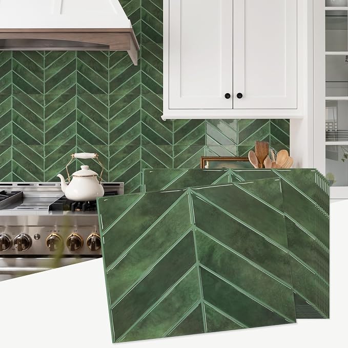 STICKGOO Herringbone Peel and Stick Backsplash, Green, 10 Sheets | 12.6 x 9.7 in, Thicker Rectangular Vinyl Stick-On Wall Tiles, Easy Alignment, Waterproof, Easy to Clean, Kitchen/Bathroom by STICKGOO