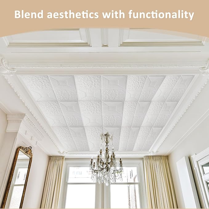 Nuanchu 20 Pcs 13.8 x 13.8 Inch Ceiling Tiles Peel and Stick, Mixed Style | Foam White 3D Wall Panels 26-105.5 Sq. ft Adhesive Glue up Waterproof Wallpaper for DIY Office Home - Image 6