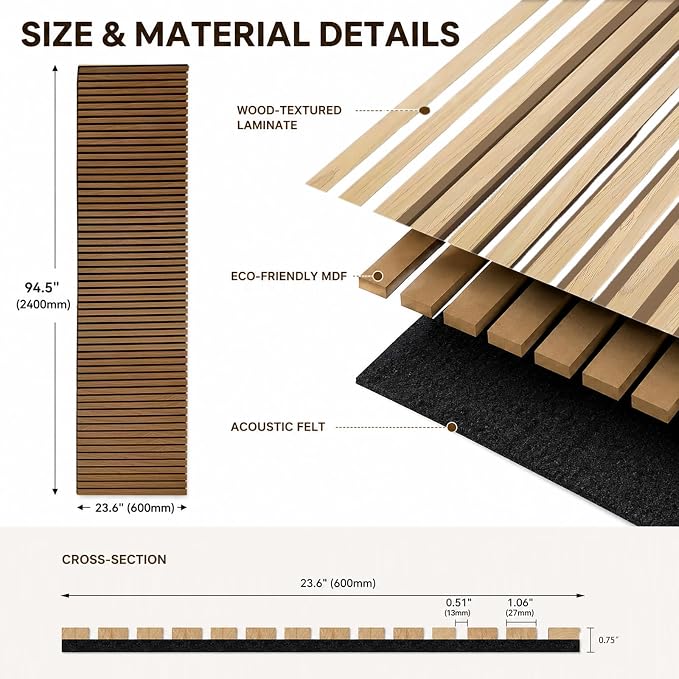 Acoustic Wood Panels for Wall,3D Flexible Fluted Sound Slat Panel (Walnut) | Soundproof ,Absorbing,Noise Cancelling,94.5 x 23.6in - Image 2