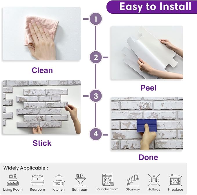3D Peel and Stick Faux Brick Wall Panels 15.7" x 11.8" 10-Pack | Vintage White, Brick-Look Wall Sticker, Thin Lightweight PVC Self Adhesive Wall Tiles for Interior Decor, Cover 12.9 sq ft - Image 8