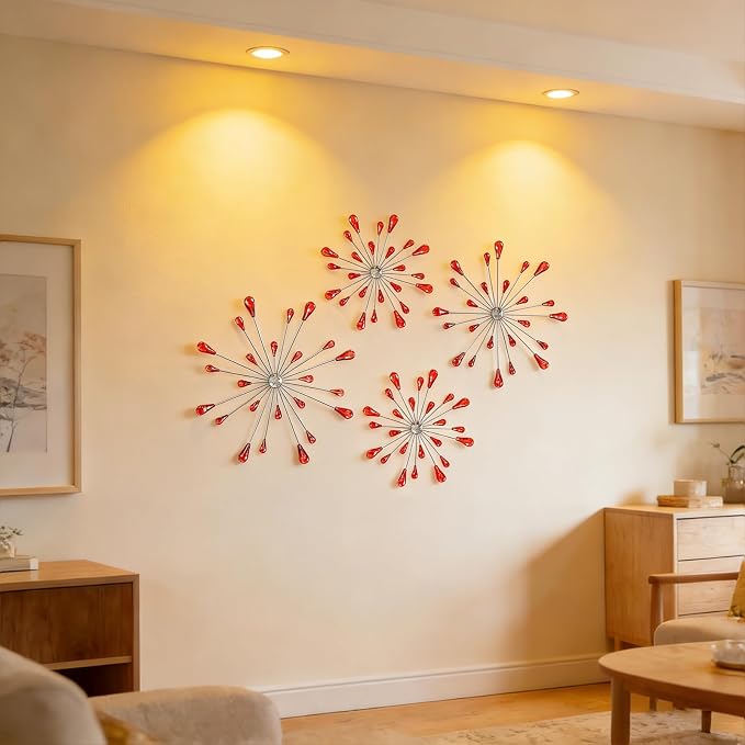 ZEXUIRU 4 Set Silver Starburst Wall Art for Home Decor Metal Bling Crystal Rhinestones Sunburst Wall Decor Sparkling Rhinestone Art Accent -Red 13in/11.8in/9.8in/9.8in - Image 4