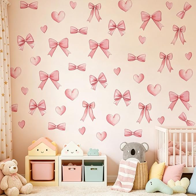 Arawat 48pcs Bowtie Wall Sticker and Decals for Bedroom and Bathroom Pink Bow Room and Wall Decor Heart Decoration Vinyl Peel and Stick Room Decor for Bedroom Bow Stickers - Image 4