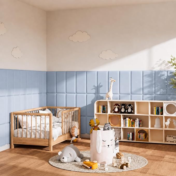 Anti Collision Wall Padding for Kids, Upholstered 3D Wall Panels | 4 Packs 7.8'' x 15.7'' Peel and Stick Headboard, Self Adhesive Wall Pads for Kids, Bedroom, Living Room, Blue (Smog) - Image 5