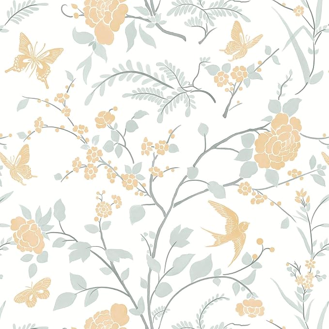 Yellow Wallpaper Floral Peel and Stick Wallpaper Boho Light Blue and Yellow Wall Paper Bird Botanical Contact Paper for Cabinets Renter Friendly Self-Adhesive Bathroom Bedroom 393"×17.3" by Fiula
