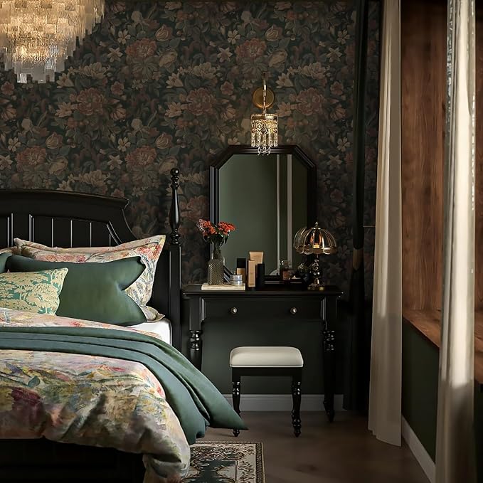 Dimoon Vintage Peel and Stick Wallpaper Dark Green Floral Wall Paper 16.1"x787" Retro Victorian Moody Wallpaper Renter Friendly Dark Floral Gothic Contact Paper for Bedroom Shelf Liner Vinyl Roll - Image 7
