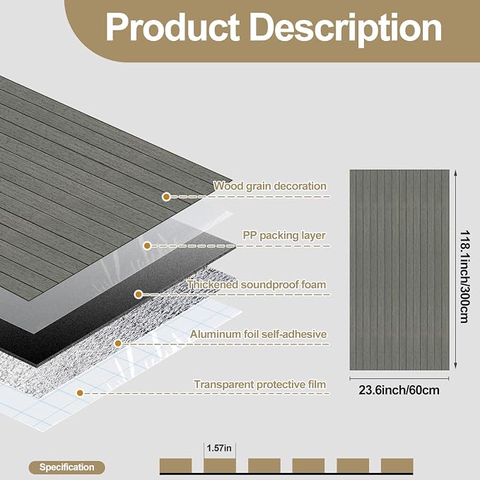 Chejiaye Peel and Stick 3D Wall Panel -23.6"x118"Soundproof Self-Adhesive Wall Sticker, Removable Thick PVC Slat Contact Paper for Kitchen Bedroom,Ceiling Wall Decoration Wood Grain (Dark Grey) - Image 4