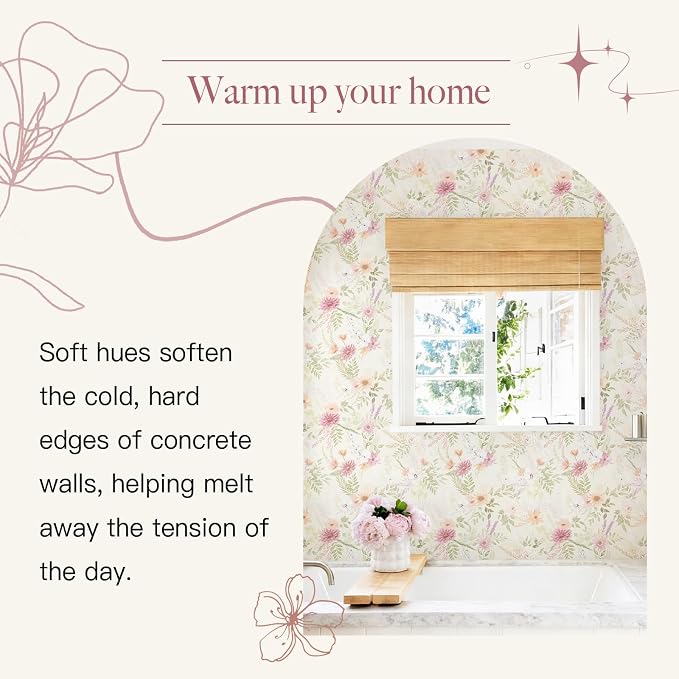 Dimoon Floral Peel and Stick Wallpaper Beige Boho Neutral Cottage Contact Paper Bathroom Cabinets Farmhouse Wall Paper Renter Friendly Removable Waterproof Kitchen Vinyl 78.7"x17.3" - Image 9