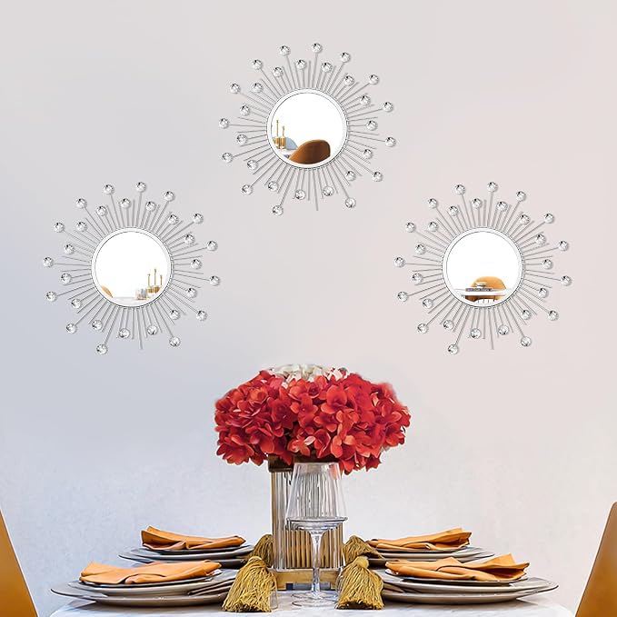 3 Pack Metal Mirrors for Wall Sunburst Wall Mirrors Home Décor Decorative Hanging Wall Art for Living Room Bedroom Entryway (Silver Crystal, Sunburst) - Image 7