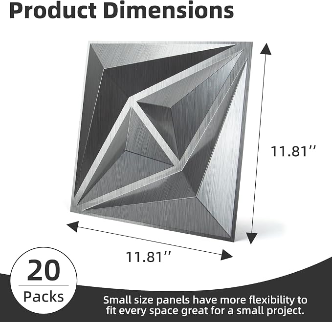 AMZDEPOT 3D Wall Panels, 12x12 Inch, 20 Pcs, Silver | Interior Wall Decor, 3 Layout Options, PVC Textured Wall Art Decor, for Living Room Bedroom TV Background Gaming Room - Image 2