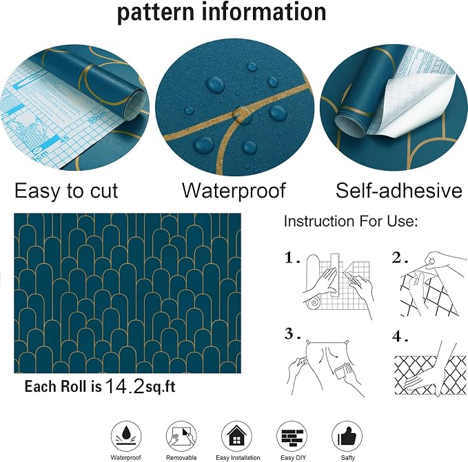Yasinet Peel and Stick Wallpaper Blue and Gold Wallpaper Blue Geometric Contact Paper Removable Self-Adhesive Stripe Waterproof Wall Paper Decorative for Wall Bedroom Vinyl Film 17.3”x118” - Image 5