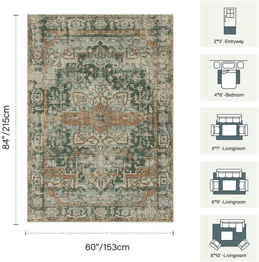 Rugxara Area Rugs 5x7 Washable Rug for Living Room Bedroom, Green/Brown - Image 2