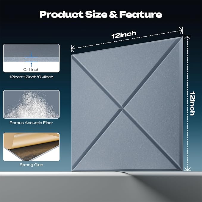 Sonicism 12 Pack X-Lined Acoustic Panels with Self-Adhesive, 12"X 12"X 0.4" Sound Proof Foam Panels, Decorative Soundproof Wall Panels, Sound Absorbing Tile for Home & Offices, Smoky Gray - Image 2