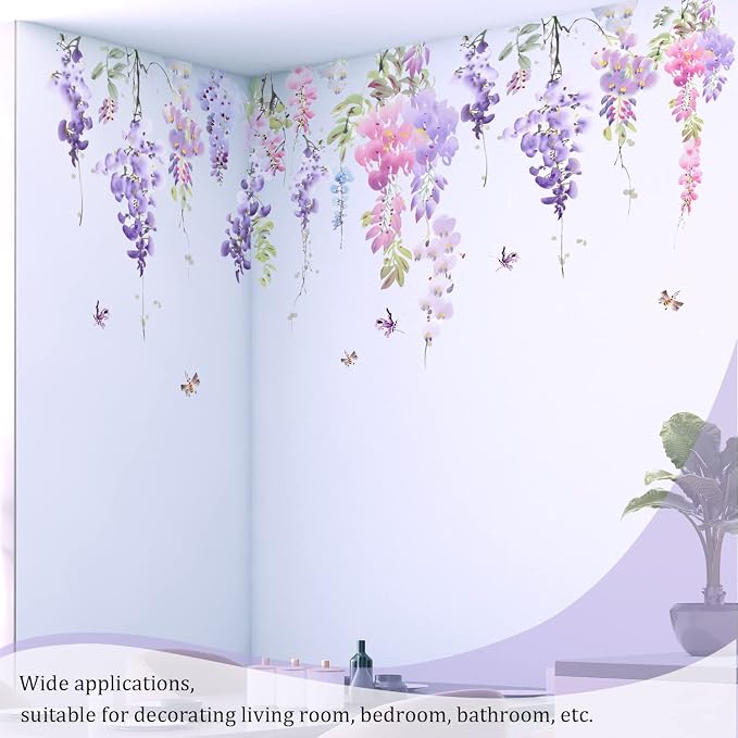 Purple Flowers Wall Decals Peel and Stick, Large Hanging Floral Vinyl Wall Stickers, Removable Vine Home Decor Art for Bedroom Living Room Classroom Office - Image 4