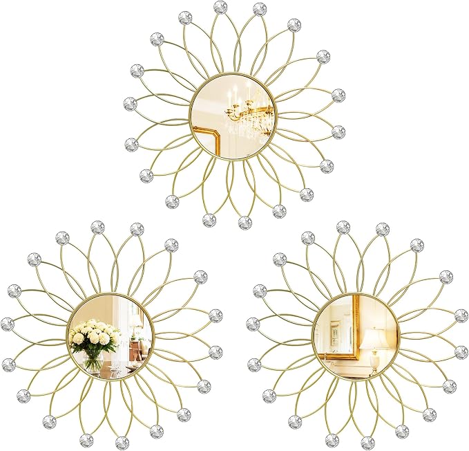 3 Pack Metal Mirrors for Wall Sunburst Wall Mirrors Home Décor Decorative Hanging Wall Art for Living Room Bedroom Entryway (Gold2 Crystal, Flowers) by Uaussi