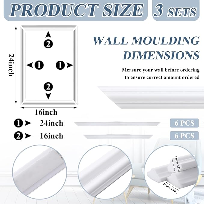 Colingmill Accent Wall Molding Kit Premade Panel,3set,16x24in | Wainscoting Panels, Peel and Stick, Wall Moulding, 3D, White, Pre Cut Picture Frame Trim, for Walls Home Decoration - Image 2