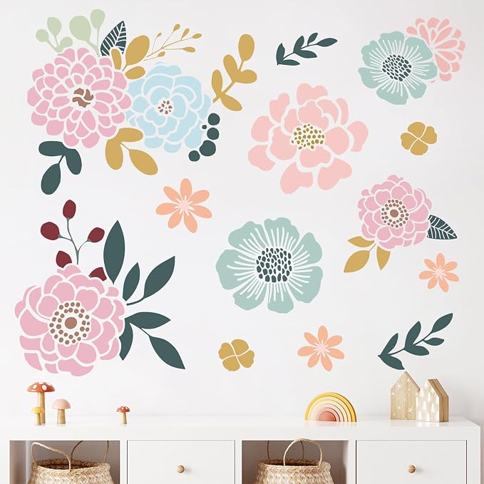 Floral Wall Decals Peel and Stick Flower Wall Stickers Removable Nursery | Decor for Girls Room Bedroom Baby Boho Pink Blue Watercolor Flowers Murals for Kids Playroom Living Room - Image 4