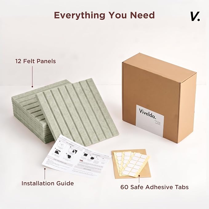 VIVELDA Large Felt Bulletin Board 48 x 36 Inch - 12-Pack Square Acoustic Wall Panels, Cork Board Alternative, NRC 0.95, Damage-Free Adhesive, Slatted Design for Home, Classroom (Sage) - Image 5