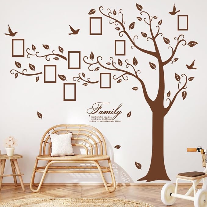 Large Family Photo Tree Wall Sticker 3D Peel and Stick Vinyl Photo Frame Tree Wall Decals Removable Quotes Leaf and Birds Wall Decor for Home Kids Bedroom Living Room Classroom Nursery (Left, Brown) - Image 6