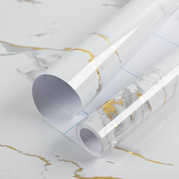 Marble Contact Paper Gold Peel and Stick Wallpaper for Kitchen Countertop | 17.7" x 196.8" Glossy White Granite Removable Wall Paper for Kitchen Countertop Cabinet Furniture by practicalWs