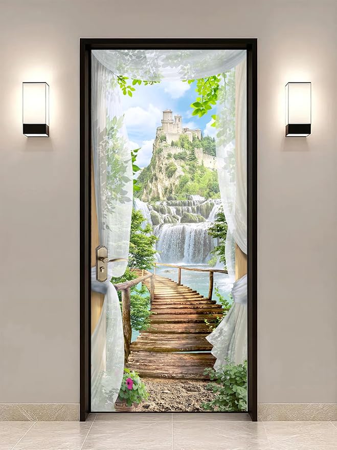 artfanke 3D Door Sticker Peel and Stick 30.3"x78.7"- View of The Castle Self-Adhesive Door Decal Murals Wallpaper for Home Decor(2 Sheets/Set) by artfanke