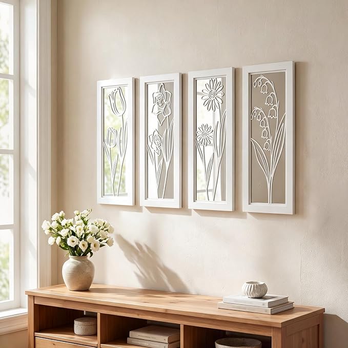 ZEXUIRU 4 Set Rustic Wall Mirrors for Bedroom Bathroom Living Room Entryway Wood Farmhouse Rectangular Easy to Hang Framed Decorative Accent Hanging Wall-Mounted Mirror Set for Living Room - White - Image 2
