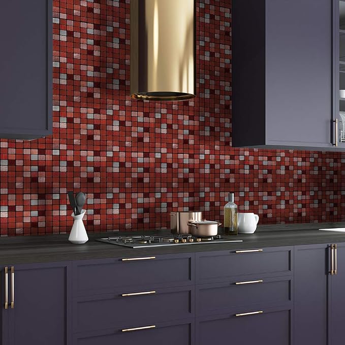 Alwayspon 25 Pcs Brushed Silver Self-Adhesive Peel and Stick Tile Decal, Water-Proof Backsplash Wall Tile Sticker for Kitchen Bathroom Decor, Red Metallic Mosaic, 4x4inch - Image 2