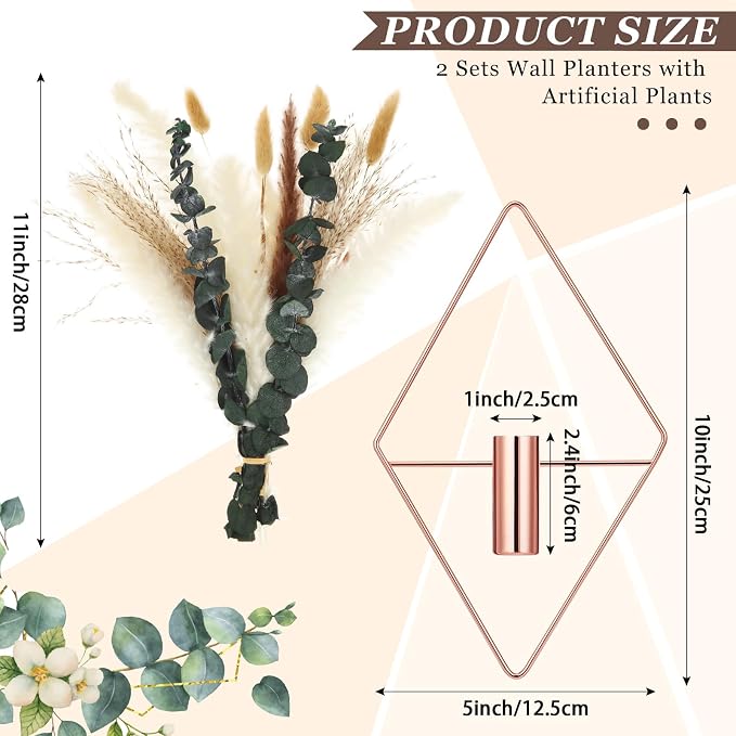 Canlierr 4 Pcs Rose Gold Wall Decor Hanging Planters with Artificial Plants Eucalyptus Pampas Grass Metal Hanging Vase Indoor Plants Holder Modern Boho Wall Art for Bathroom Bedroom Living Room Decor - Image 2
