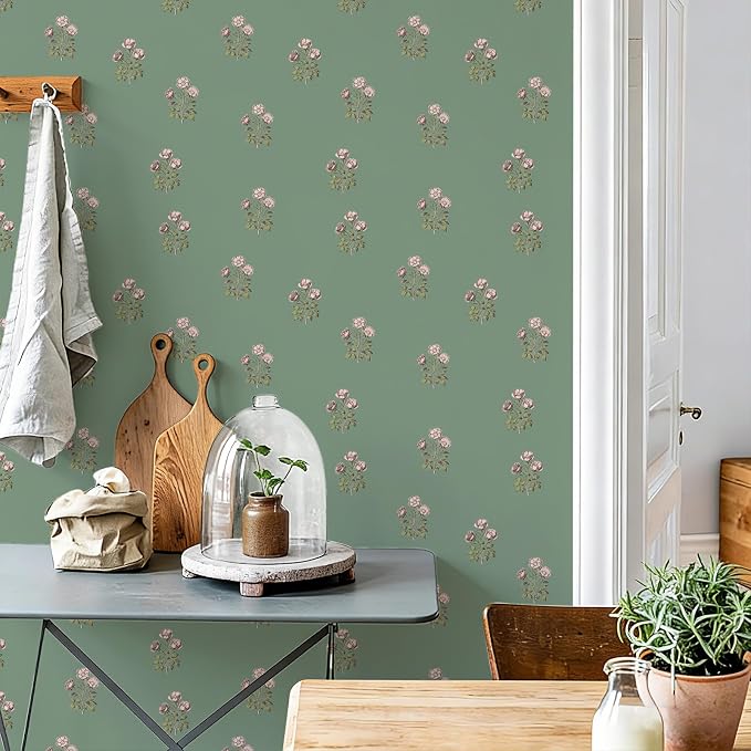 17.3" x 393.7" Vintage Floral Wallpaper Peel and Stick Boho Wallpaper Removable Waterproof Green Rose Pattern Contact Paper for Bedroom, Bathroom, Home Wall - Image 3