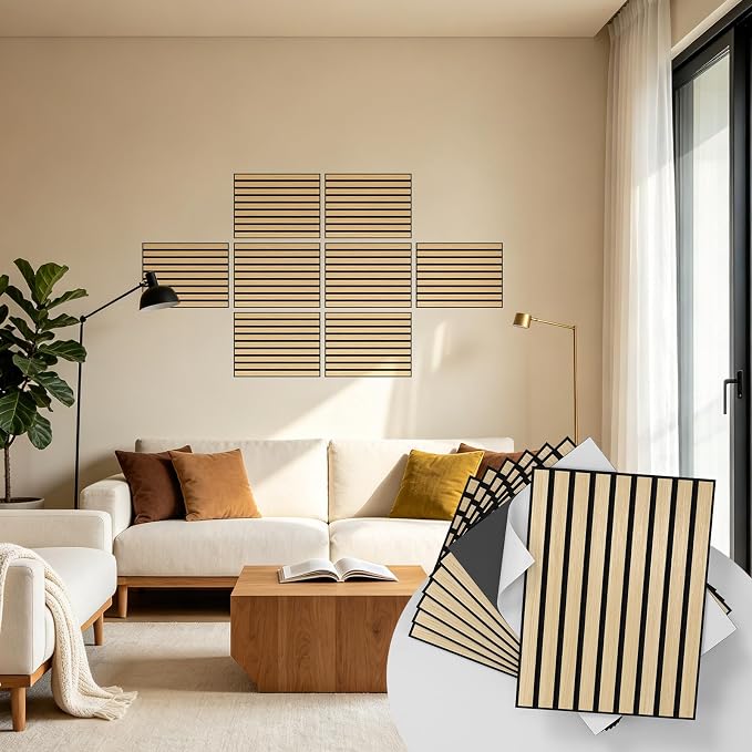 WADILE 8 Pack Self Adhesive Acoustic Wall Panels in Wood Look 11.8"x15.7" | Soundproofing PVC Slats on Felt, Decorative Wall Panels for Living Room & Bedroom Accent Wall - Image 9