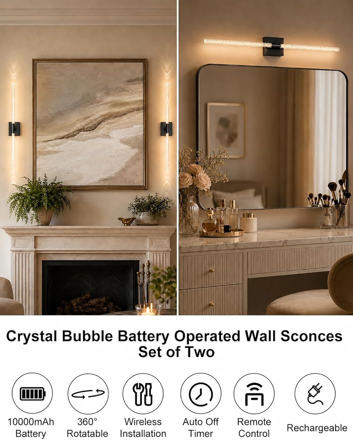 Crystal Bubble Rechargeable Wall Sconces Set of 2, Wireless Modern Lights | 10000mAh, Remote Control, 3000K-6000K Dimmable, 360° Adjustable, Ambient Lighting for Living Room, Bedroom, Picture, Bathroom - Image 3