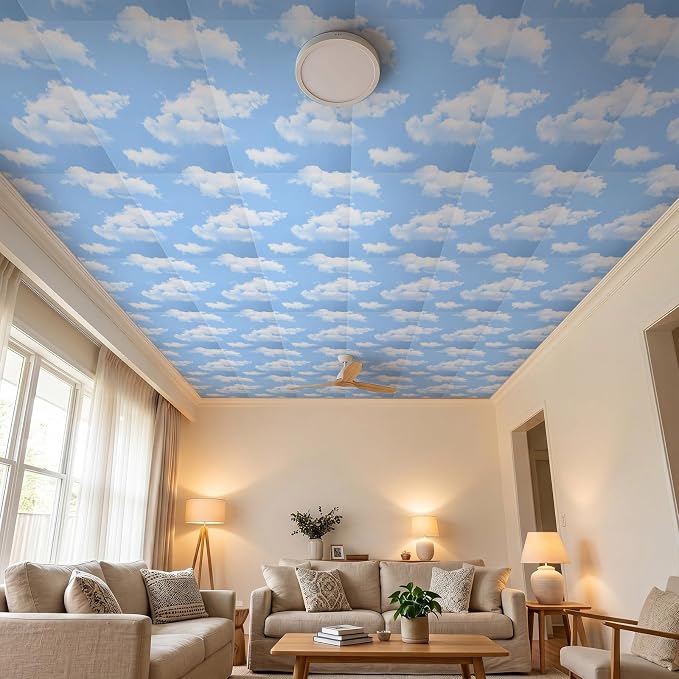 Nuanchu 40 Pcs 11.81 x 11.81 Inch Ceiling Tiles Peel and Stick, Sky | Foam White 3D Wall Panels 26-105.5 Sq. ft Adhesive Glue up Waterproof Wallpaper for DIY Office Home - Image 5