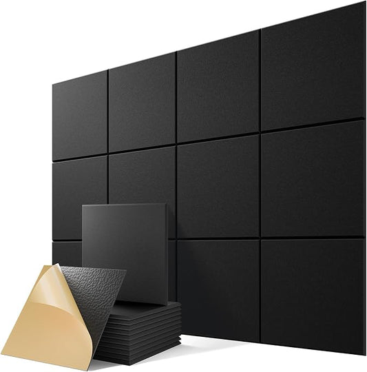 12 Pack Self-Adhesive Acoustic Panels, 12" X 12" X 0.4" High-Density Sound Proof Foam Panels for Walls, Polyester Fiber Soundproof Wall Panels for Home & Office (Black) by Lebenforce
