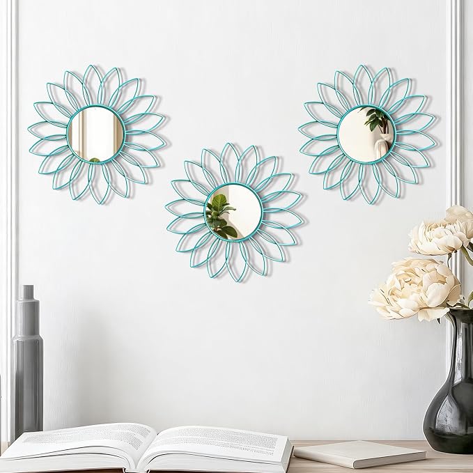 3 Pack Metal Mirrors for Wall Sunburst Wall Mirrors Home Décor Decorative Hanging Wall Art for Living Room Bedroom Entryway (Greenish Blue, Flowers) - Image 6