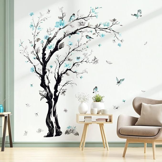 decalmile Blue Flower Tree Blossom Floral Sofa TV Wall Decals Stickers (XL) by decalmile