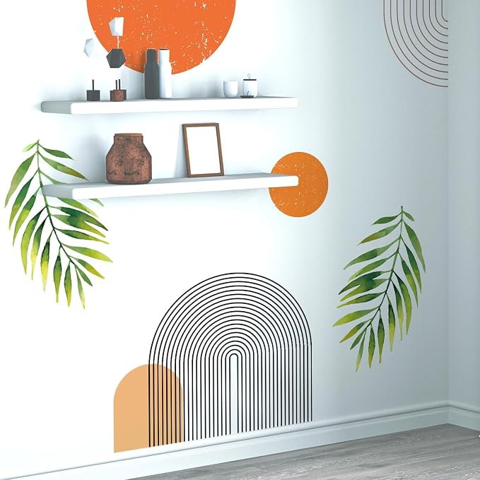 Boho Mid-Century Modern Wall Decals Peel and Stick, Large Archs Sun Vinyl Wall Stickers, Removable Leaves Plants Home Decor Art for Bedroom Living Room Classroom Office - Image 3