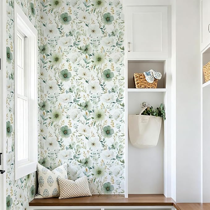 Nukofal Green Floral Peel and Stick Wallpaper for Bathroom 16.9inx118.1in | Floral Contact Paper Watercolor Flower Wallpaper Modern Green Self Adhesive Removable Wall Paper for Cabinet Decor Vinyl - Image 9