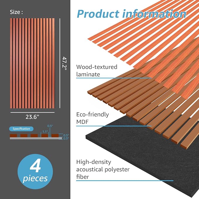 Art3d 4 Pack 47.2 x 23.6in. Wood Slat Acoustic Panels for Wall and Ceiling - 3D Fluted Sound Absorbing Panel with Wood Finish - Cherry - Image 5